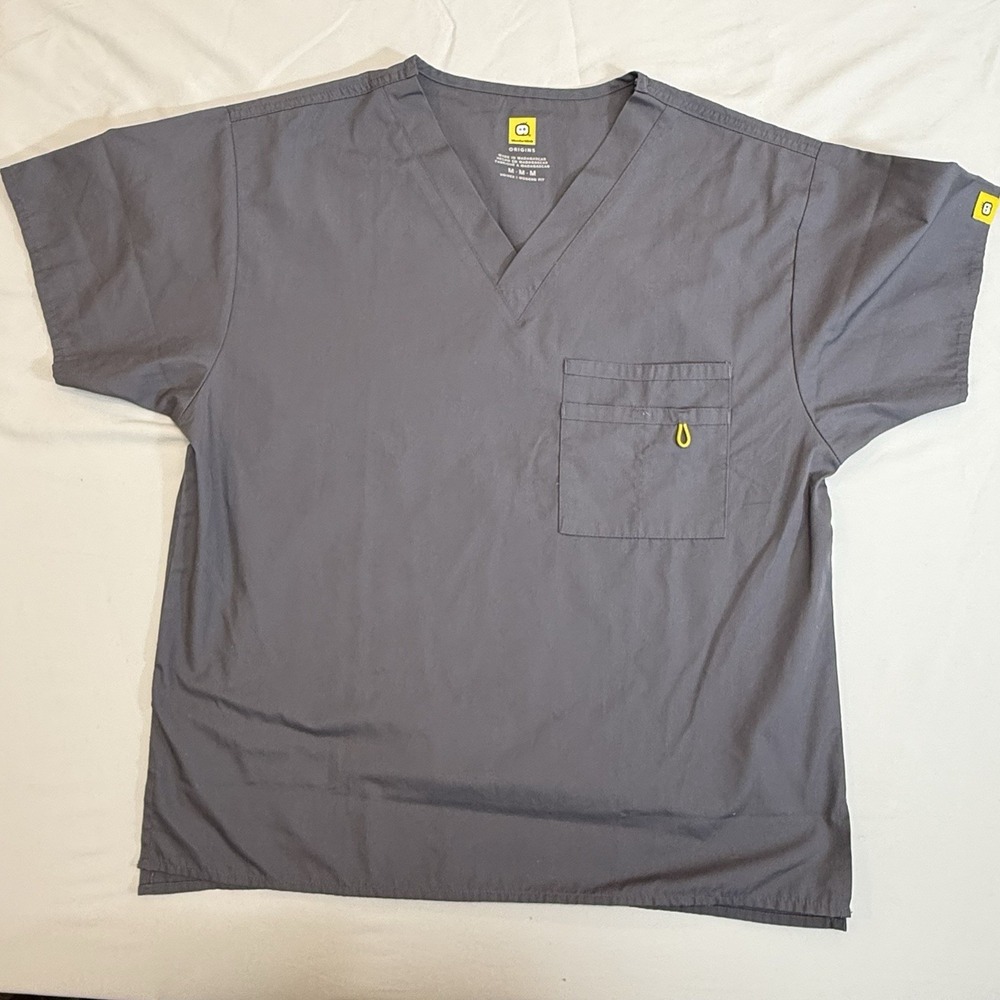 WonderWink Origins Scrub Top Unisex Medium Grey‎ Yellow Accents Medical Uniform